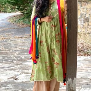 Pakistani embroidered maxi dress with gold fringe